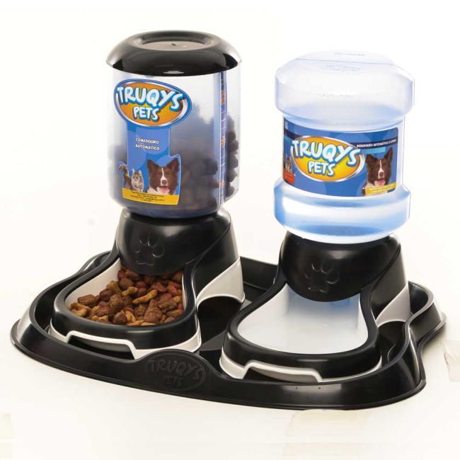 Kit Truqys Cães Design Automático Preto - Bandeja + Comedouro + Bebedouro