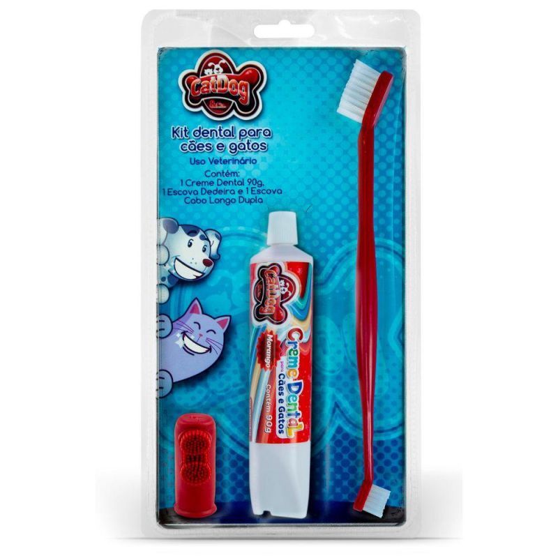 Pasta de Dente e Escova + Dedeira para Cachorros (Kit) - Pasta Sabor Morango