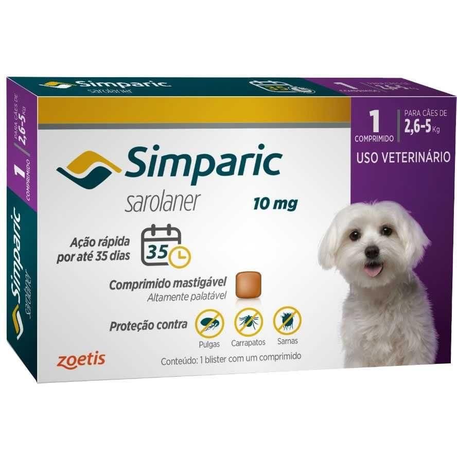 Simparic 10mg Cães de 2,6kg até 5kg Antipulgas e Carrapatos (3 unidades)